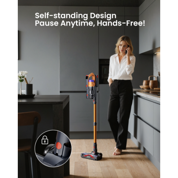 Cordless Vacuum Cleaner for Home, Upgraded 60Kpa Powerful Suction Pet Hair Vacuum with 70min Runtime, Green LED Light for Hardwood Floors & Carpet, Self-Standing Rechargeable Stick Vacuum, Golden