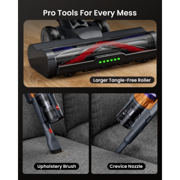 Cordless Vacuum Cleaner for Home, Upgraded 60Kpa Powerful Suction Pet Hair Vacuum with 70min Runtime, Green LED Light for Hardwood Floors & Carpet, Self-Standing Rechargeable Stick Vacuum, Golden