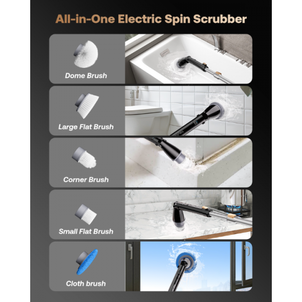 Trucozie Electric Spin Scrubber, Shower Scrubber Cordless with 6 Replacement Head(Black)