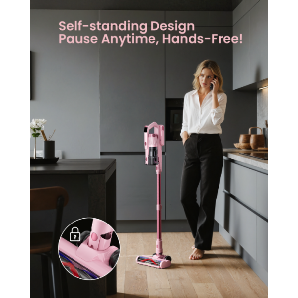 Cordless Vacuum Cleaner for Home, Upgraded 60Kpa Powerful Suction Pet Hair Vacuum with 70min Runtime, Green LED Light for Hardwood Floors & Carpet, Self-Standing Rechargeable Stick Vacuum, Pink