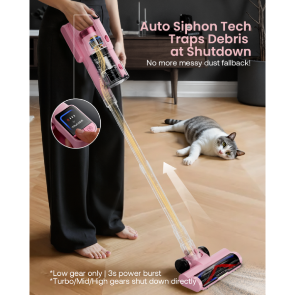 Cordless Vacuum Cleaner for Home, Upgraded 60Kpa Powerful Suction Pet Hair Vacuum with 70min Runtime, Green LED Light for Hardwood Floors & Carpet, Self-Standing Rechargeable Stick Vacuum, Pink