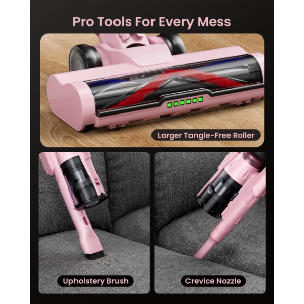 Cordless Vacuum Cleaner for Home, Upgraded 60Kpa Powerful Suction Pet Hair Vacuum with 70min Runtime, Green LED Light for Hardwood Floors & Carpet, Self-Standing Rechargeable Stick Vacuum, Pink