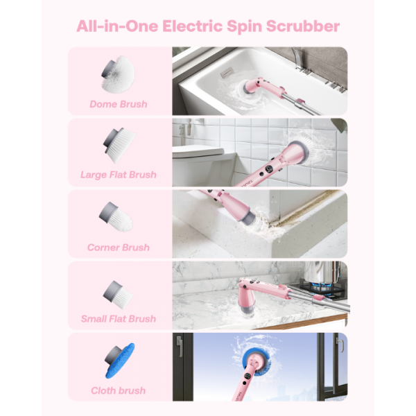 Trucozie Electric Spin Scrubber, Shower Scrubber Cordless with 6 Replacement Head(Pink)