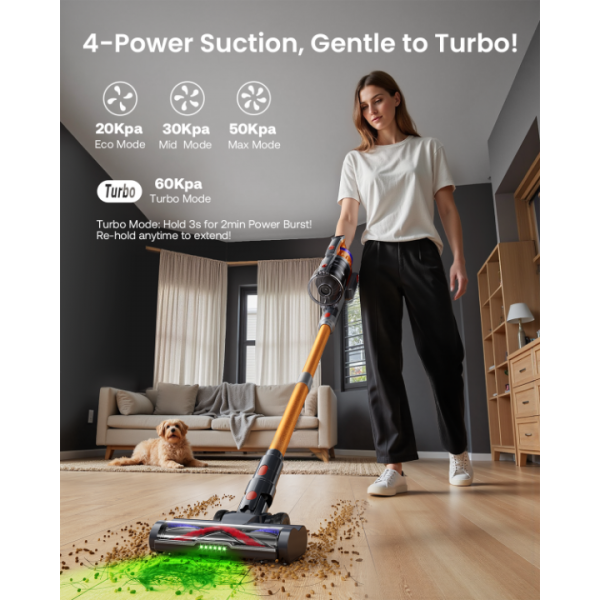 Cordless Vacuum Cleaner for Home, Upgraded 60Kpa Powerful Suction Pet Hair Vacuum with 70min Runtime, Green LED Light for Hardwood Floors & Carpet, Self-Standing Rechargeable Stick Vacuum, Golden