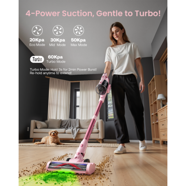 Cordless Vacuum Cleaner for Home, Upgraded 60Kpa Powerful Suction Pet Hair Vacuum with 70min Runtime, Green LED Light for Hardwood Floors & Carpet, Self-Standing Rechargeable Stick Vacuum, Pink