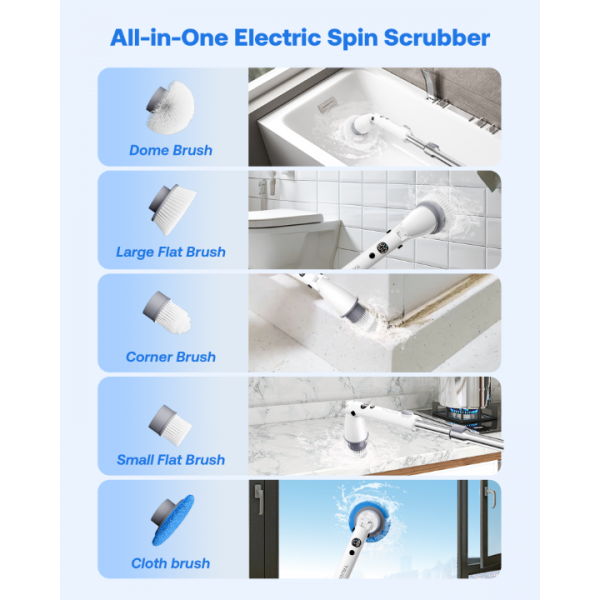 Trucozie Electric Spin Scrubber, Shower Scrubber Cordless with 6 Replacement Head(White)