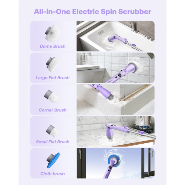 Trucozie Electric Spin Scrubber, Shower Scrubber Cordless with 6 Replacement Head(Purple)
