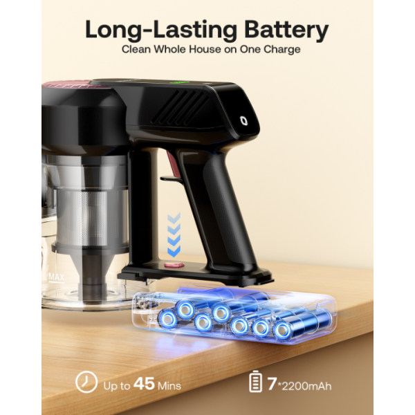 Cordless Vacuum Cleaner, 40Kpa 45Mins Vacuum Cleaners for Home, 8-in-1 Lightweight Stick Vacuum with Powerful Suction, Anti-tangle Wireless Vacuum for Carpet, Tile, Pet Hair, Hardwood Floors, Black