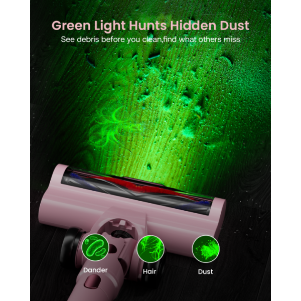 Cordless Vacuum Cleaner for Home, Upgraded 60Kpa Powerful Suction Pet Hair Vacuum with 70min Runtime, Green LED Light for Hardwood Floors & Carpet, Self-Standing Rechargeable Stick Vacuum, Pink