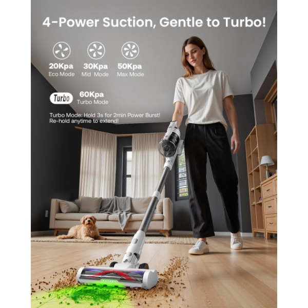 Cordless Vacuum Cleaner for Home, Upgraded 60Kpa Powerful Suction Pet Hair Vacuum with 70min Runtime, Green LED Light for Hardwood Floors & Carpet, Self-Standing Rechargeable Stick Vacuum, Off-White