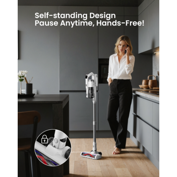 Cordless Vacuum Cleaner for Home, Upgraded 60Kpa Powerful Suction Pet Hair Vacuum with 70min Runtime, Green LED Light for Hardwood Floors & Carpet, Self-Standing Rechargeable Stick Vacuum, Off-White