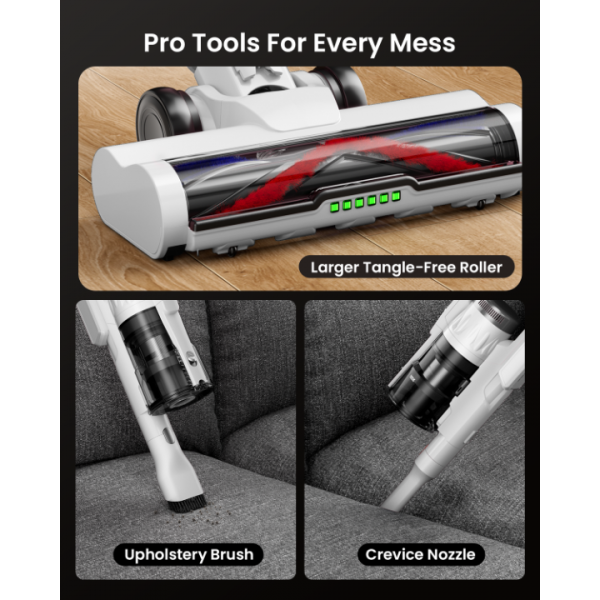 Cordless Vacuum Cleaner for Home, Upgraded 60Kpa Powerful Suction Pet Hair Vacuum with 70min Runtime, Green LED Light for Hardwood Floors & Carpet, Self-Standing Rechargeable Stick Vacuum, Off-White